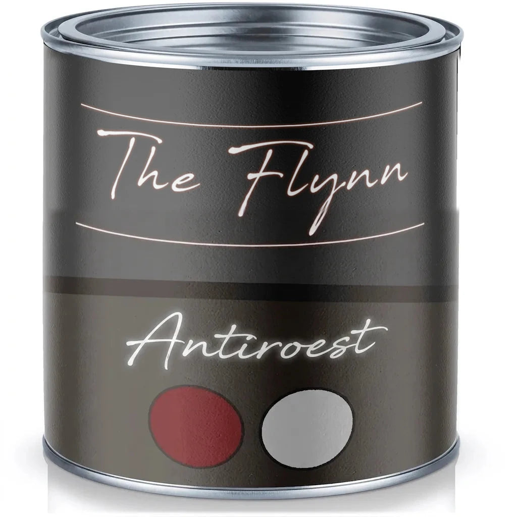 Verfblik 'The Flynn Rostschutz' met roestwerende verf in rode en grijze tinten.