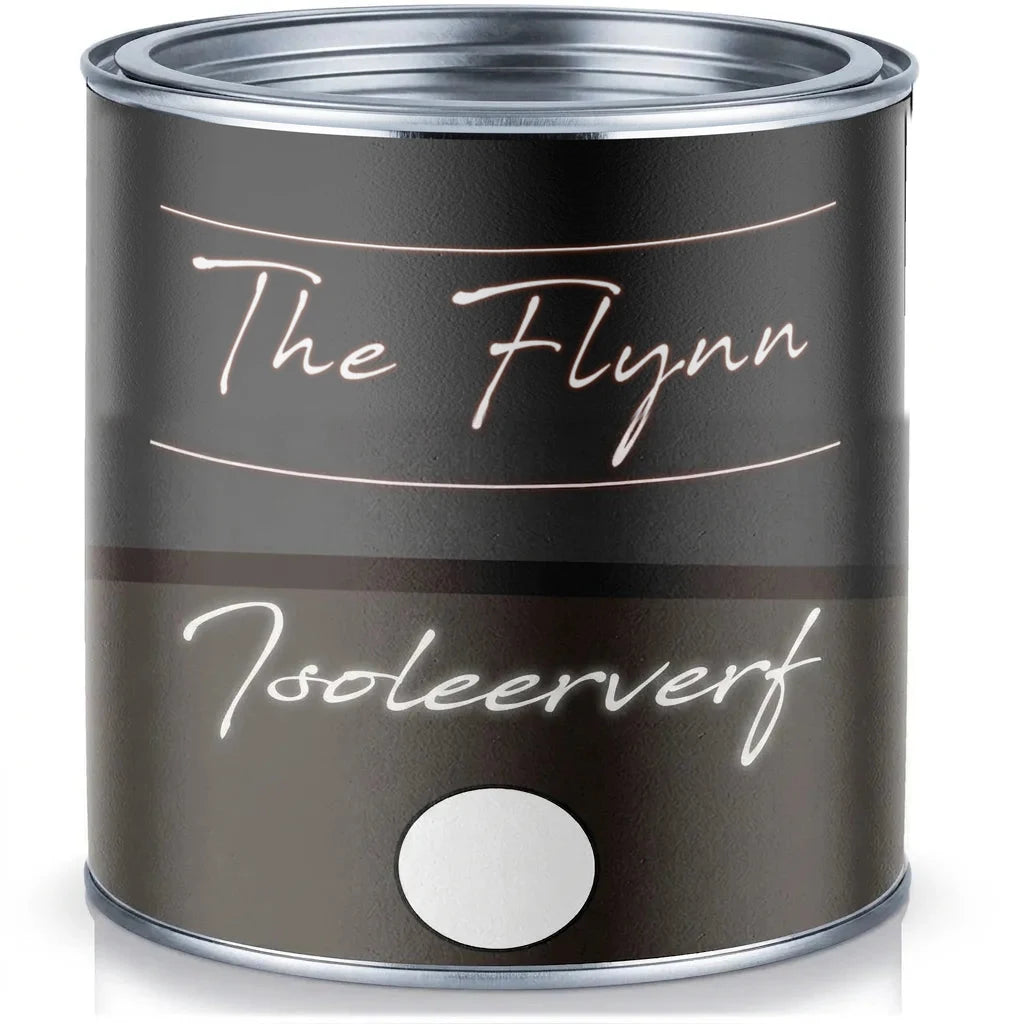 Een zwart metallic verfblik met witte tekst 'The Flynn Isolierfarbe' en een wit kleurstaaltje.