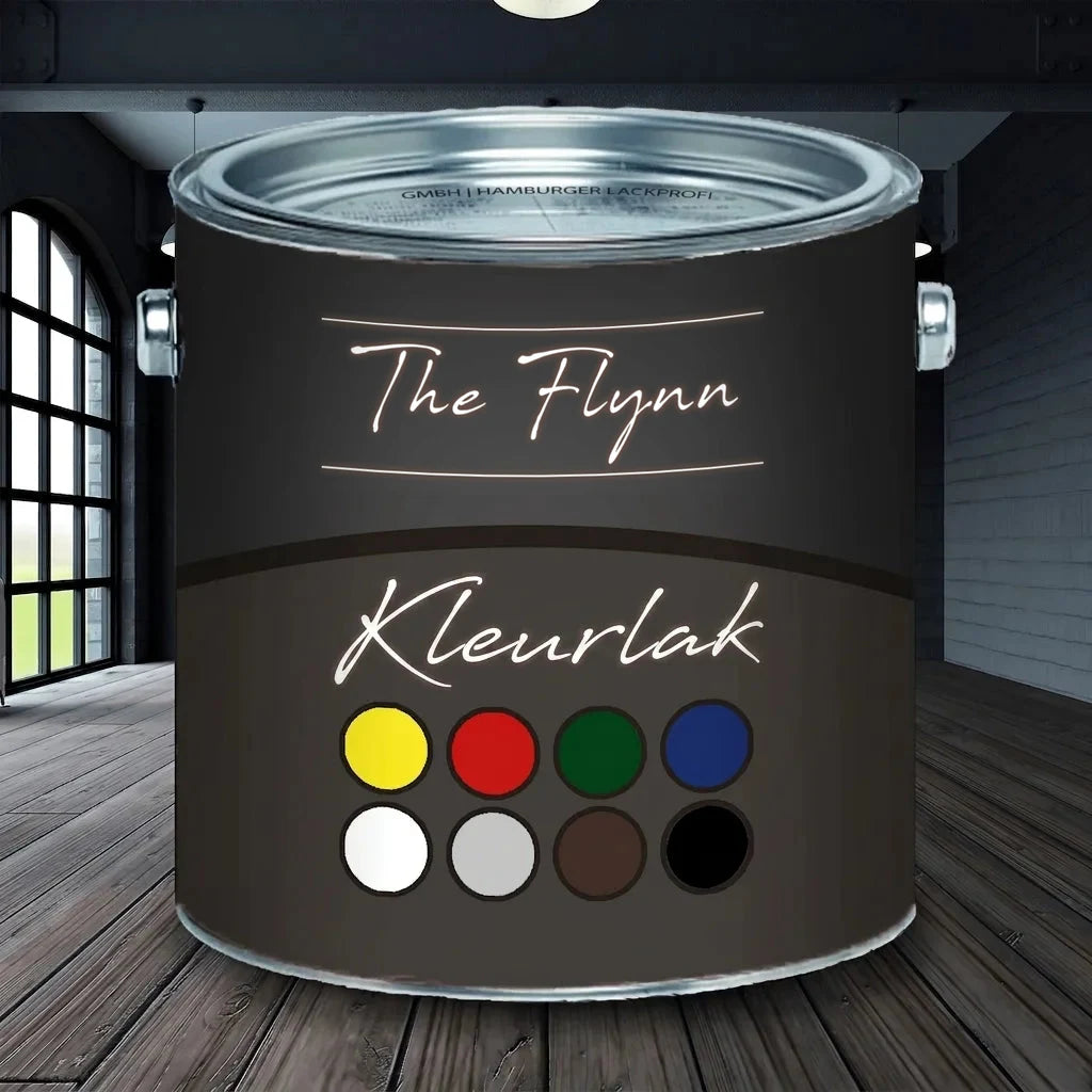 Een donkere verfblik met het label 'The Flynn Bunttack' en acht kleurstalen op een houten vloer.