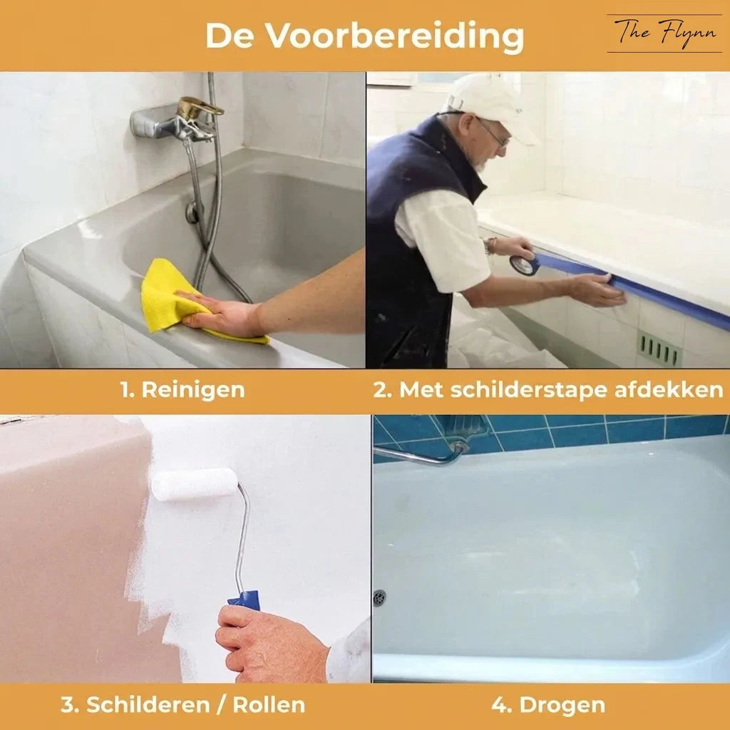 Stapsgewijze handleiding: badkuip reinigen, afplakken, schilderen en laten drogen voor een nieuwe look.