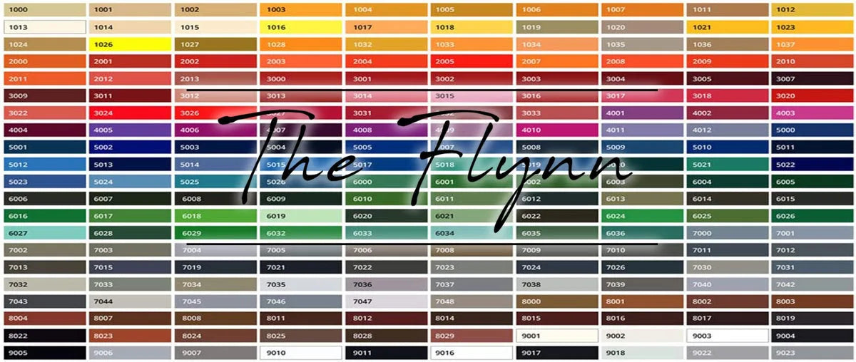 Kleurenpalet van RAL-codes met een scala aan kleuren van beige, geel, oranje, rood, paars, blauw, groen, grijs, bruin tot zwart en wit.