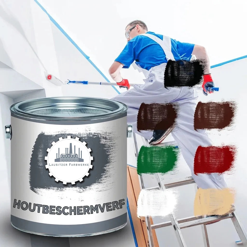 Schilder op ladder verft muur, met grote pot houtverf en kleurstalen. Lausitzer Farbwerke Houtbeschermingsverf.