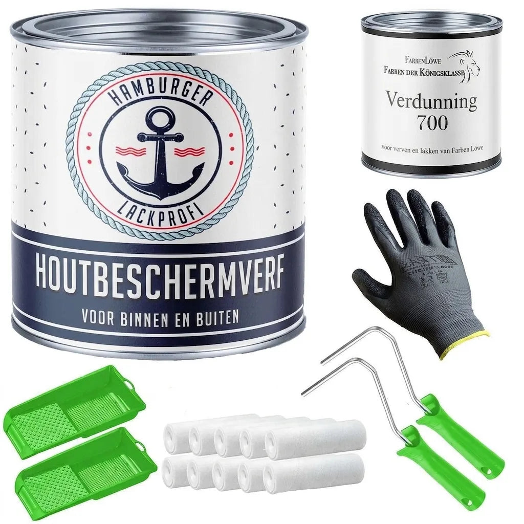 Complete set met houtbeschermingsverf, verdunner, verfrollers, handschoenen en bakjes voor houtschilderwerk.