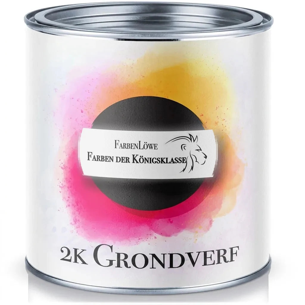 FarbenLöwe 2K grondverf blik met kleurrijke spetters en tekst 'Farben der Königsklasse'.