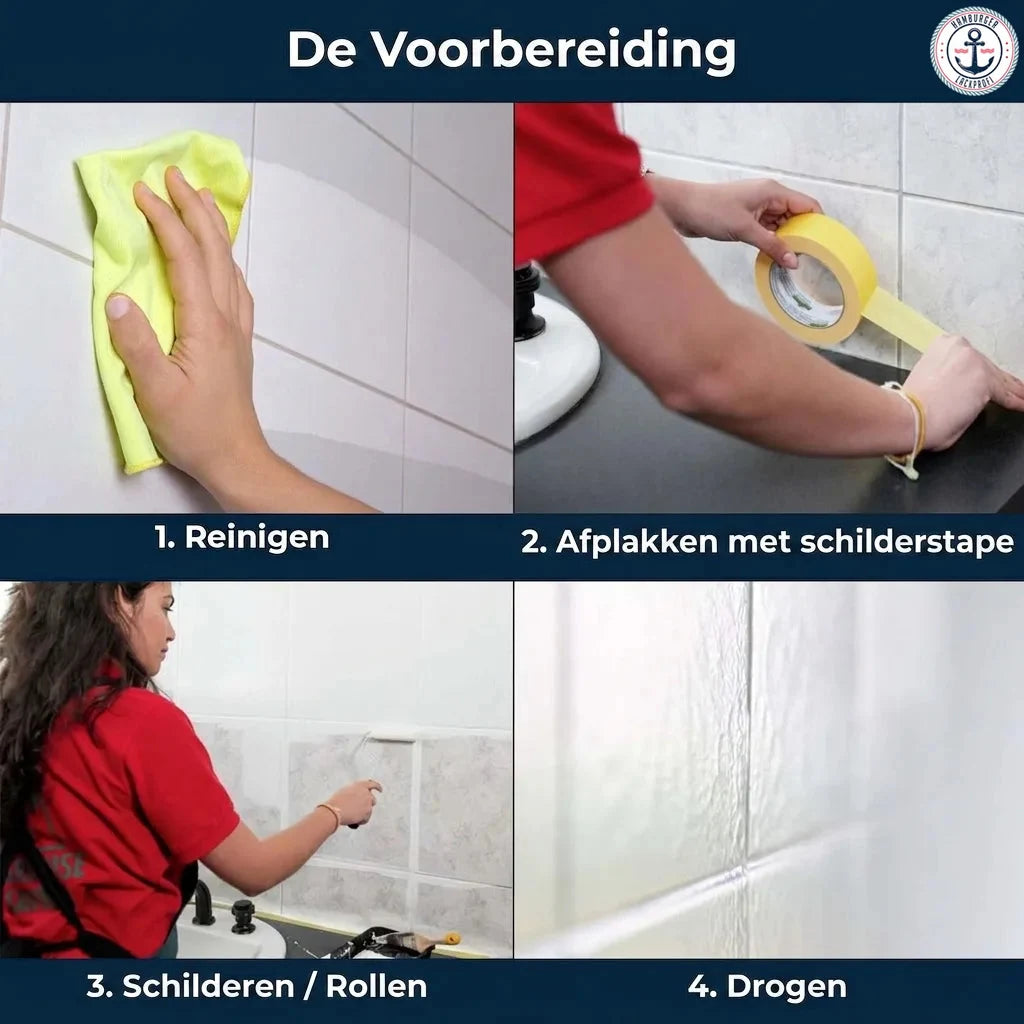 Vierstappen handleiding voor het voorbereiden en schilderen van tegels, inclusief reinigen, afplakken en drogen.