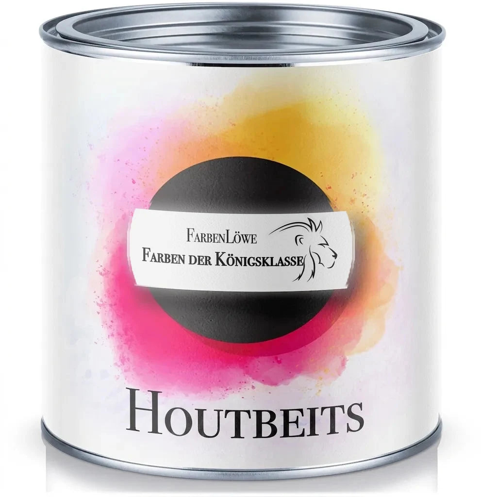 FarbenLöwe houtbeits verfblik met levendige roze en gele spetters. Koningsklasse houtlasuur.