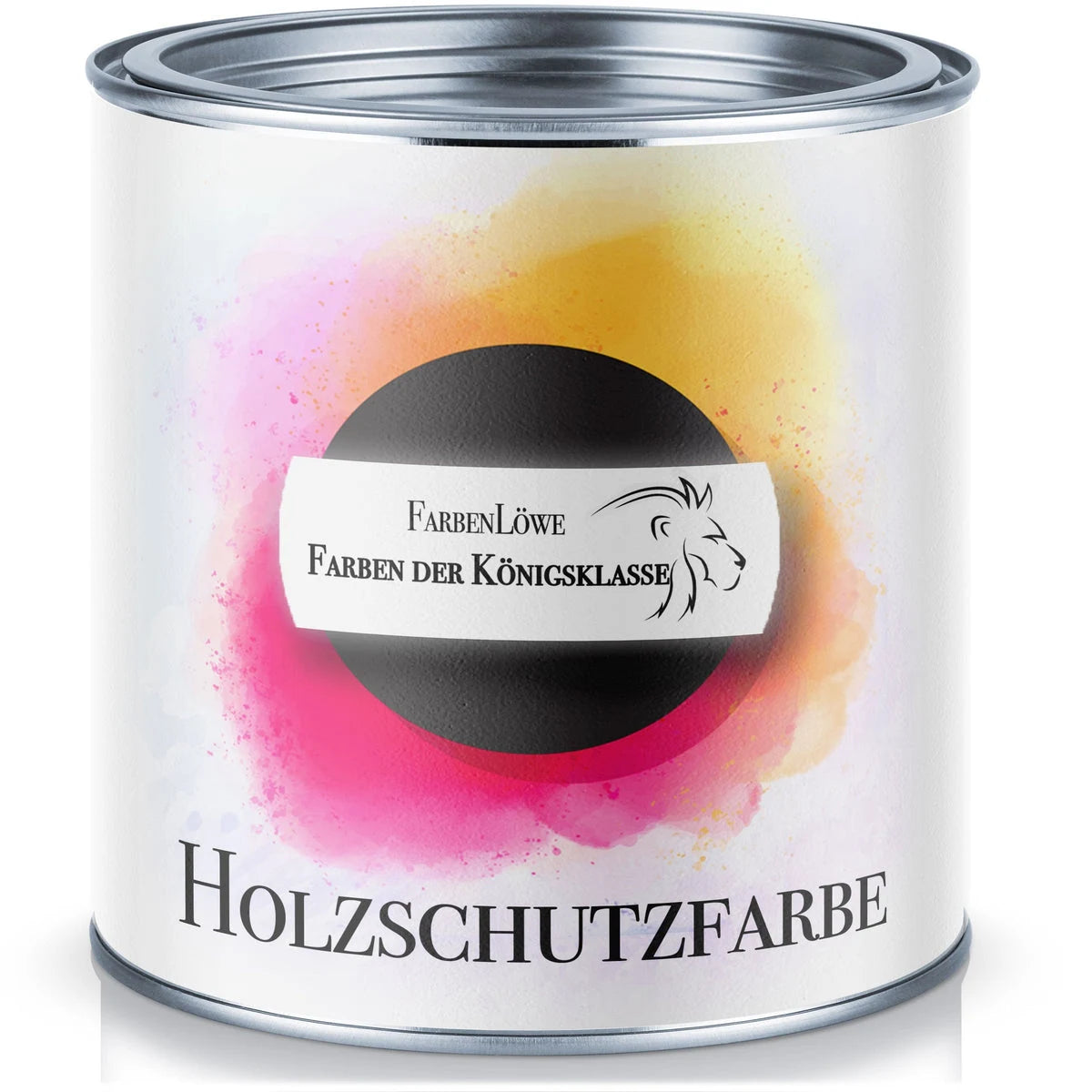 Witte verfblik van FarbenLöwe met het opschrift 'Farben DER KÖNIGSKLASSE' en 'Houtbeschermverf' met een leeuwenlogo.