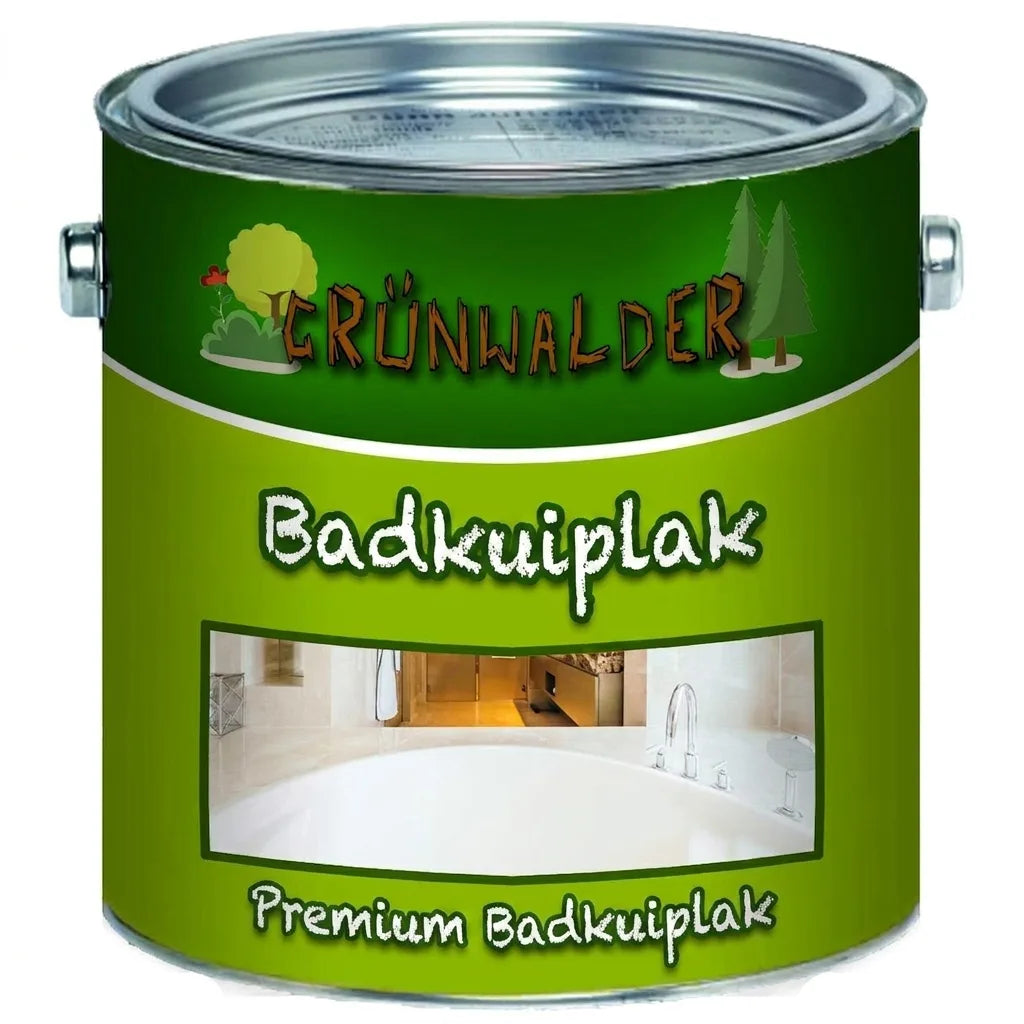 Groene verfpot van Grünwalder met Premium Badewannenlack (badkuiplak) en een foto van een badkamer.