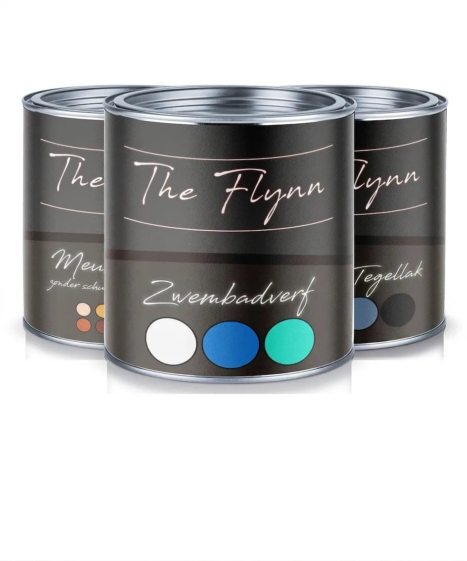 Drie zwarte verfblikken The Flynn Lynn zwembadverf met kleurstalen wit, blauw en turquoise.