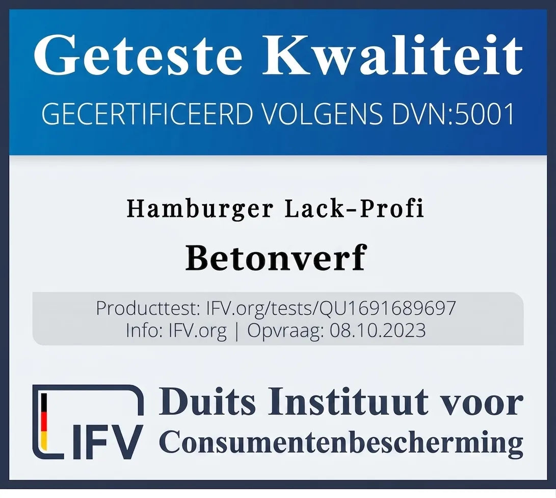 Geteste kwaliteit: Hamburger Lack-Profi betonverf, gecertificeerd door Duits Instituut voor Consumentenbescherming.