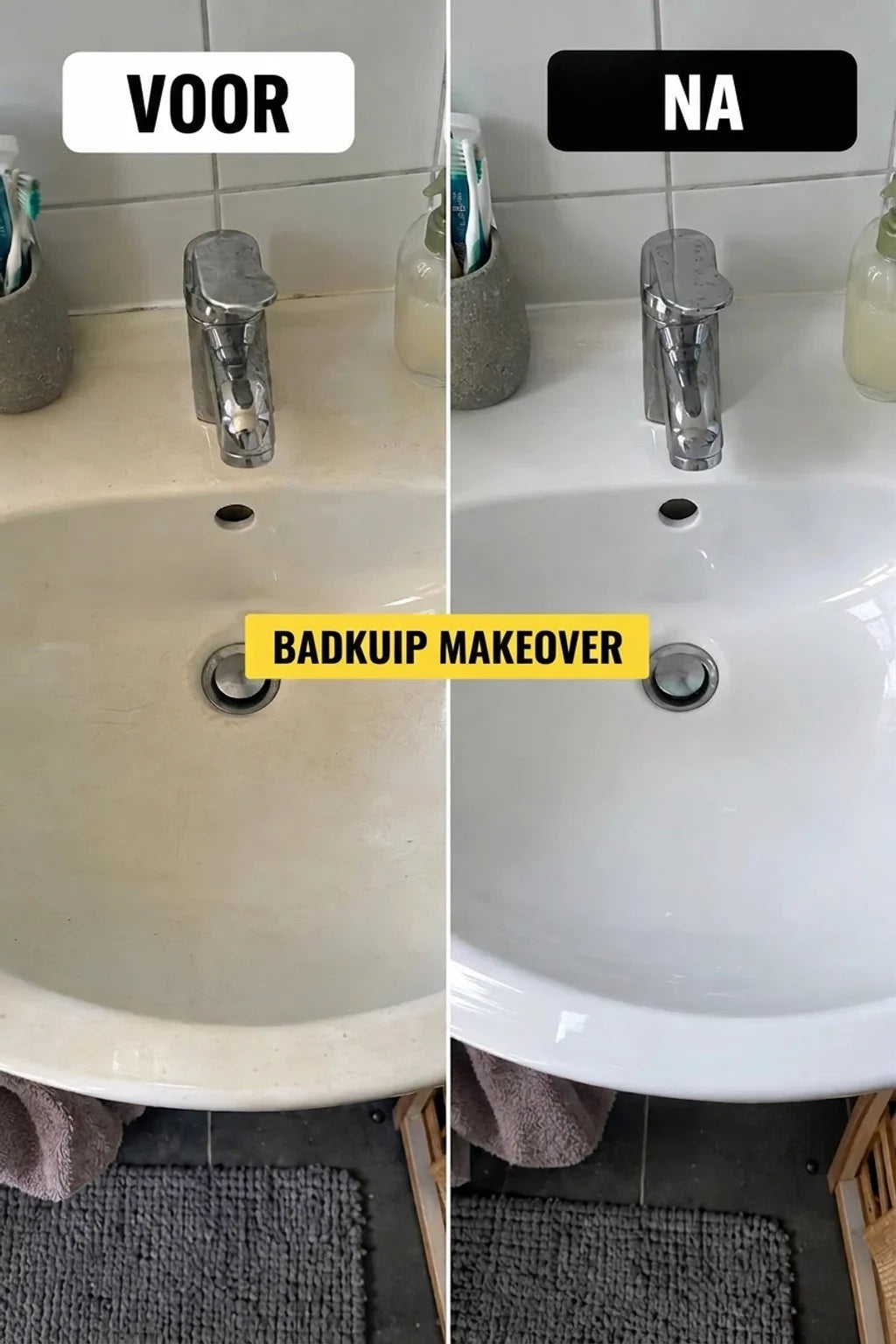 VOOR en NA: Metamorfose van een badkuip. Beschadigde, vuile badkuip (voor) en ideaal schone, witte (na renovatie).