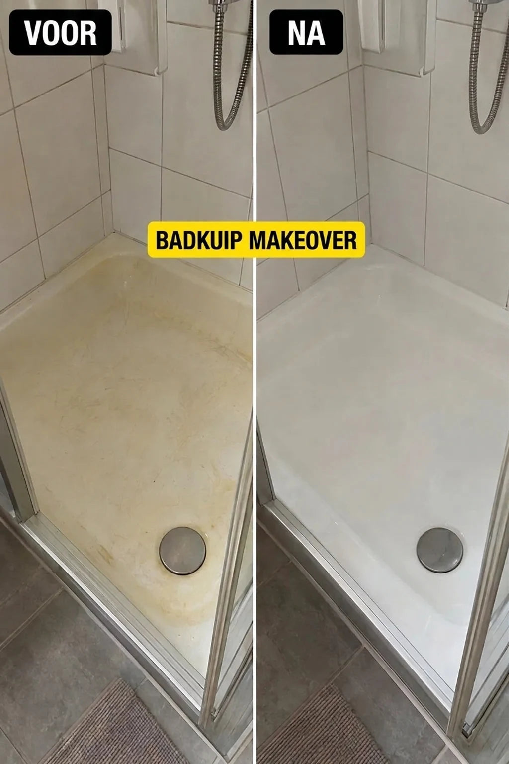 Voor en na renovatie: een vuile, gelige douchebak werd glanzend wit. Badkamerrenovatie.