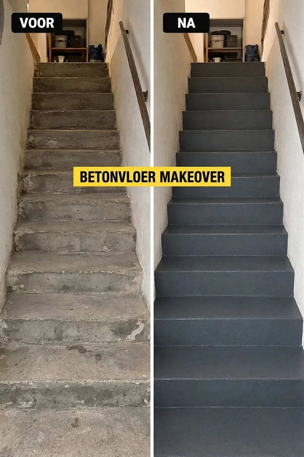 Voor en na: grijze betonnen trap, van beschadigd naar vers geverfd, glad en schoon.