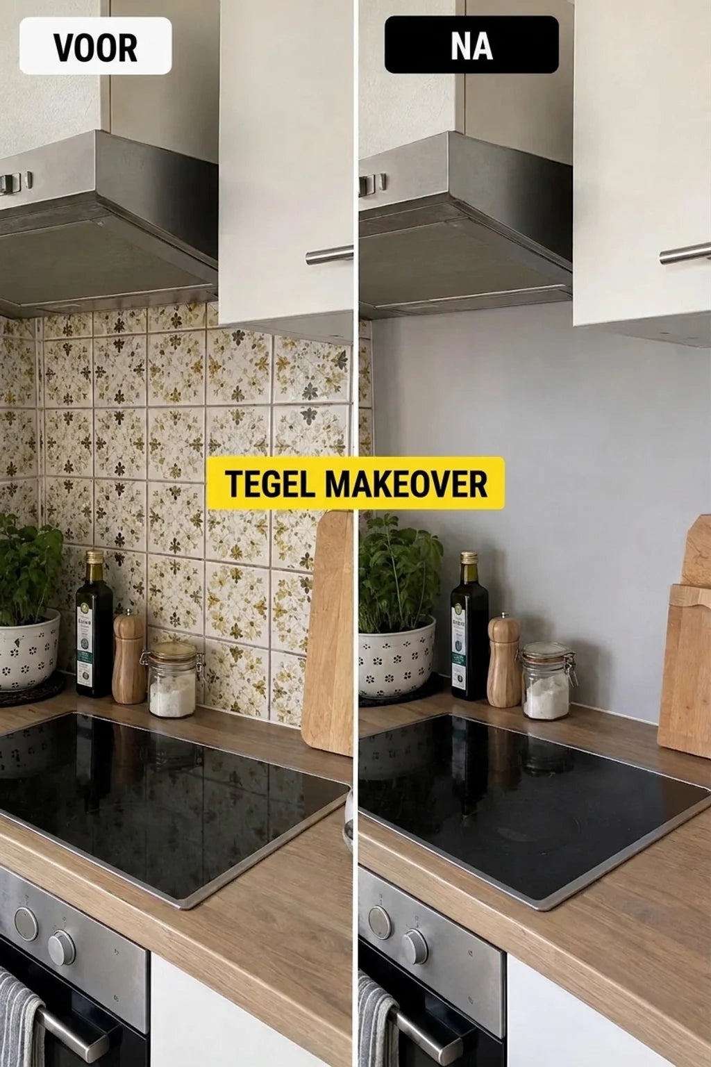 Vergelijking voor en na renovatie van de keuken: oude tegels vervangen door een gladde, grijze wand boven het aanrecht.