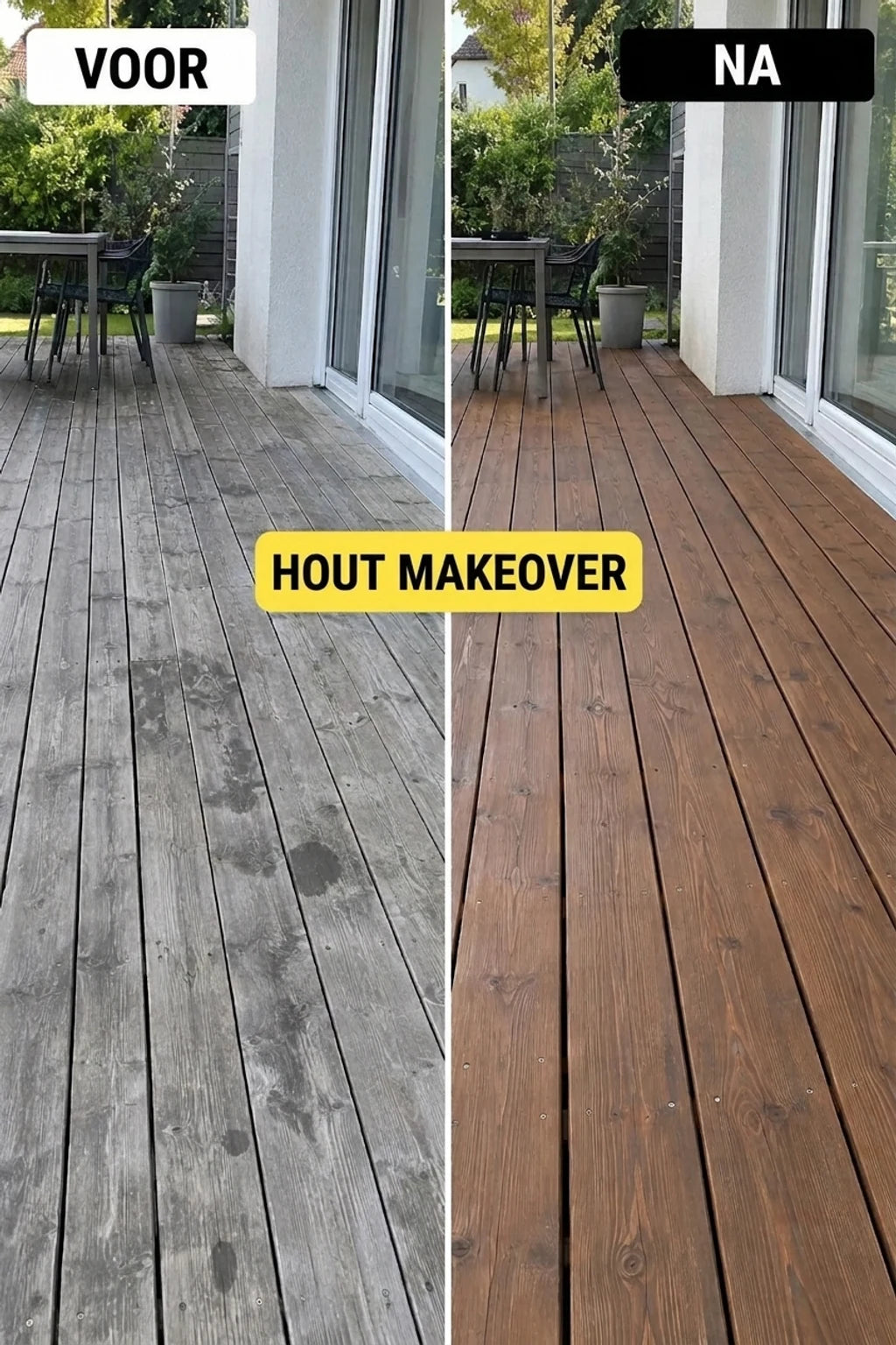 Houten terras voor en na renovatie. Voor: grijze, verweerde planken. Na: opgefrist, bruin, goed onderhouden hout.