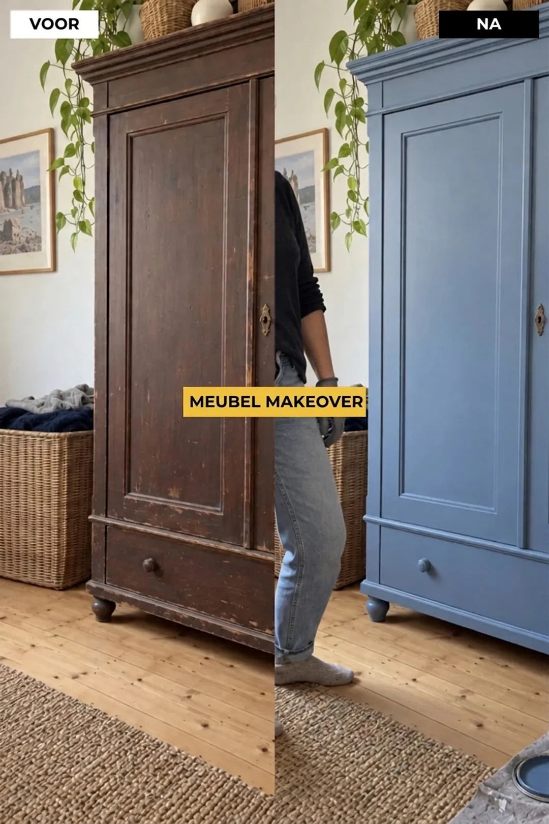 VOOR en NA: Oude, donkere houten kast ondergaan een metamorfose en overgeschilderd in blauw. Snelle meubelrenovatie.