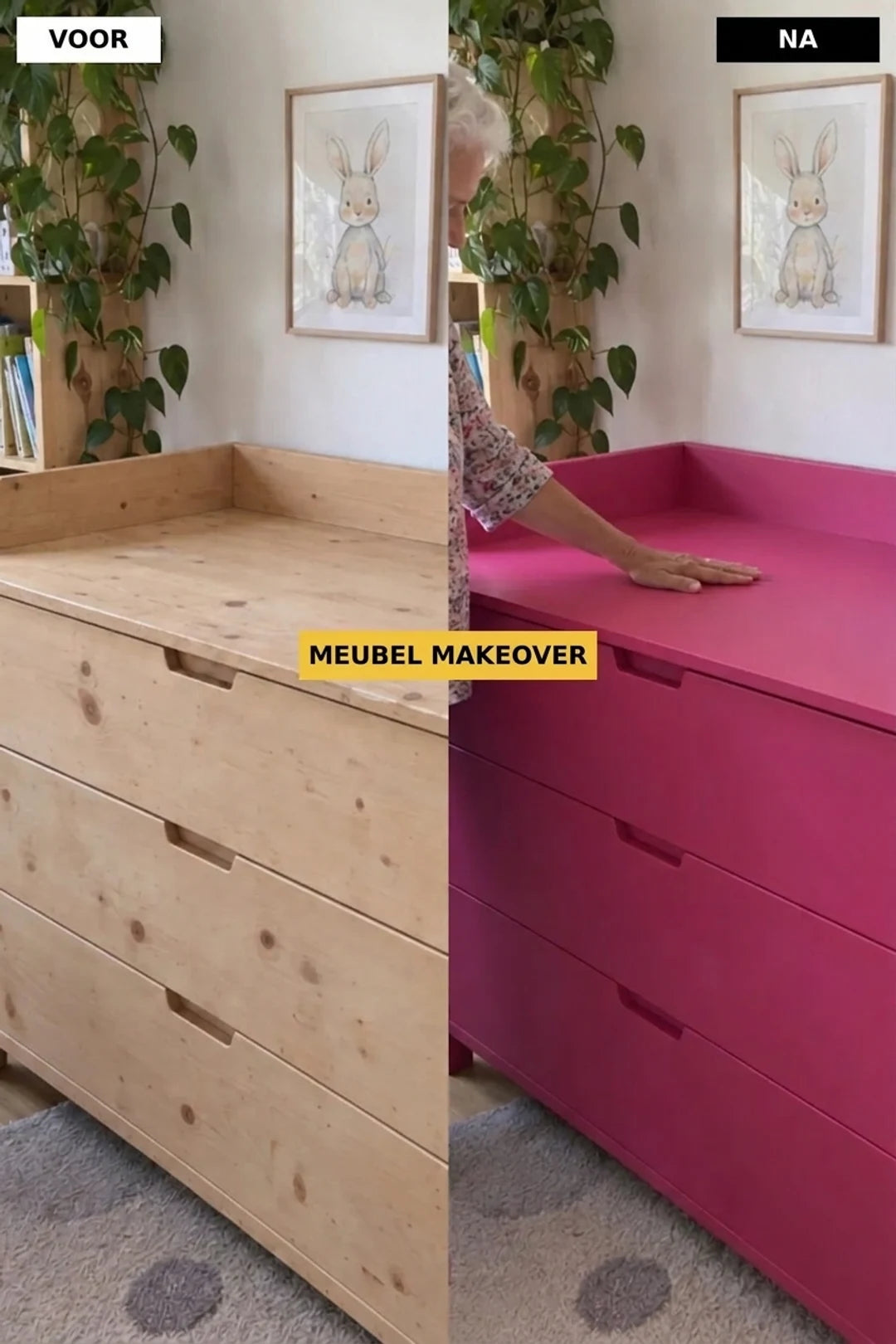 Ladekast voor en na renovatie: natuurlijk hout versus intens roze.