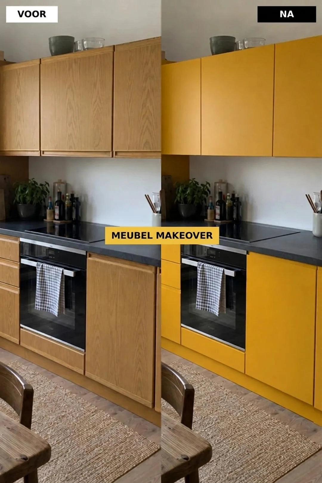 Vergelijkingsfoto van keuken voor en na metamorfose van meubels, met houten kastjes veranderd in mosterdgeel.