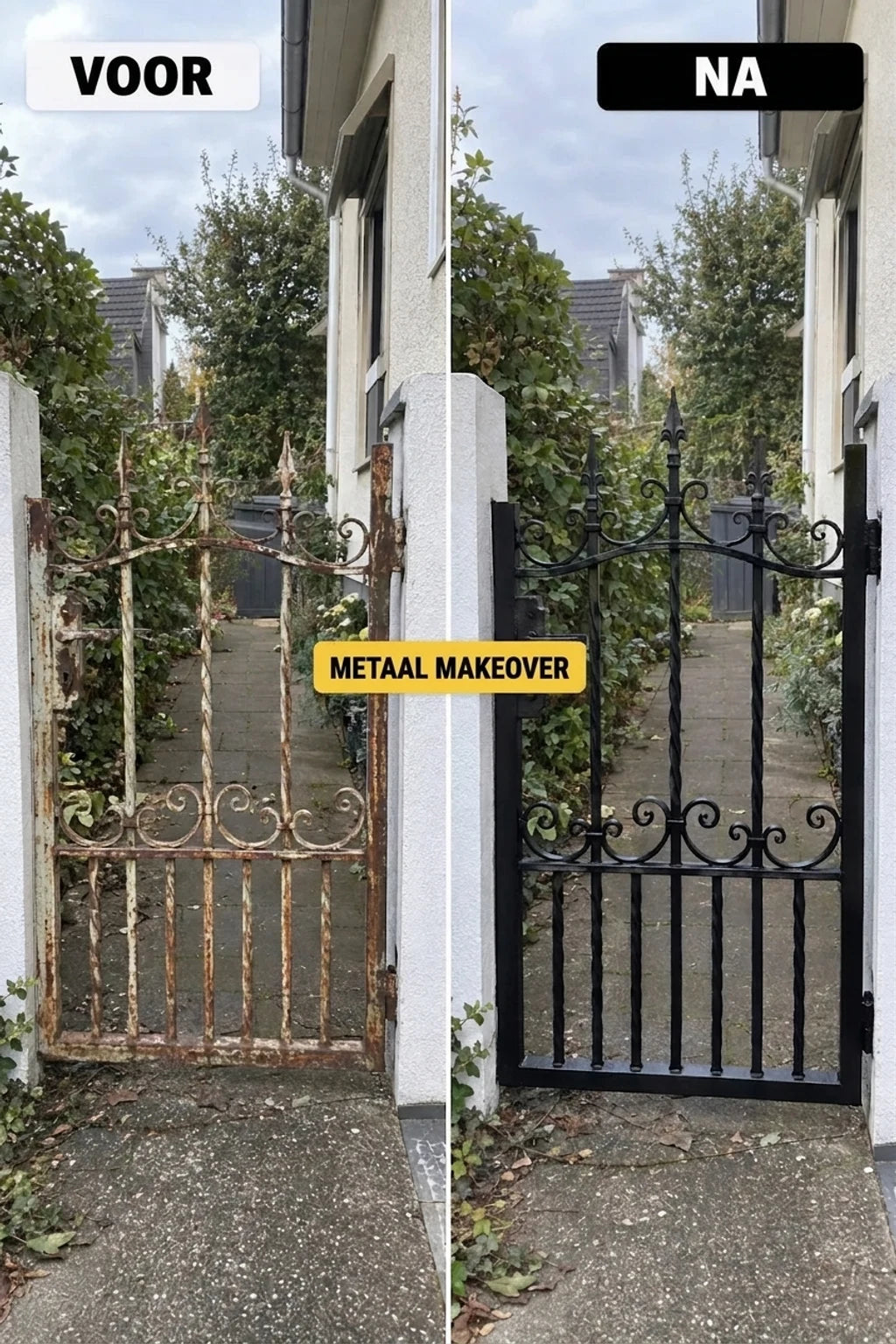 Renovatie van een oude, verroeste metalen poort: voor en na, van roest naar elegant zwart.