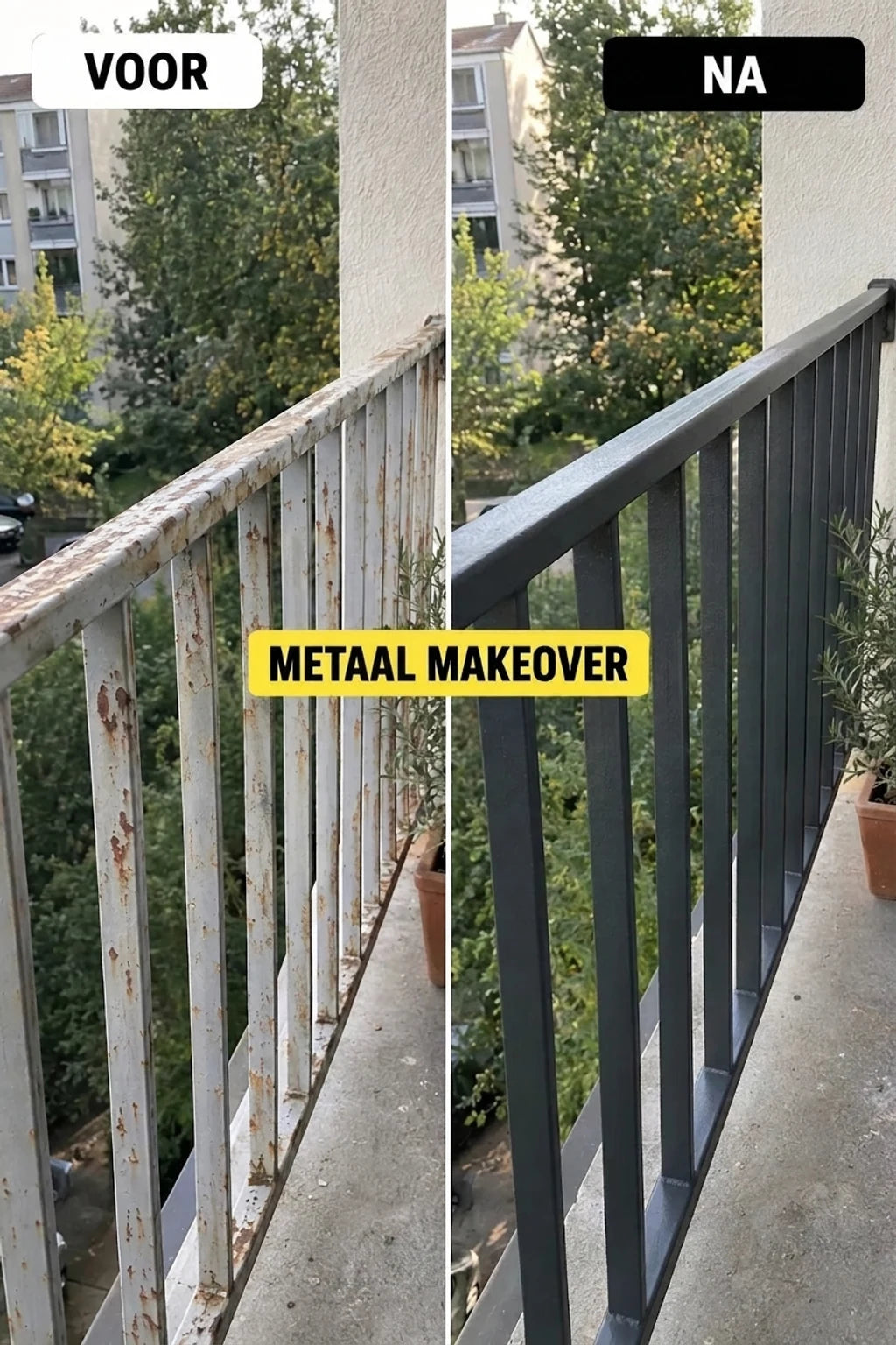 Voor en na: verroeste, oude metalen balustrade van het balkon en gerenoveerde, geverfd in donkergrijs.