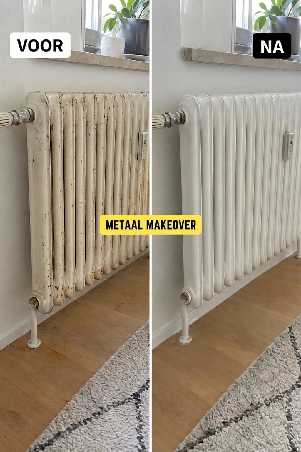 Voor en na: vergelijking van een oude, verroeste witte radiator met een nieuw geverfde, schone radiator.