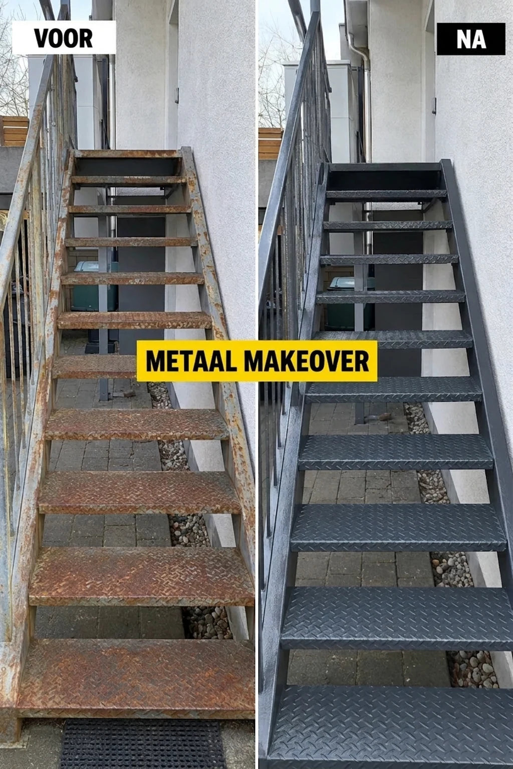 VOOR en NA: Verroeste metalen trap gerenoveerd met donkergrijze verf, ziet eruit als nieuw.