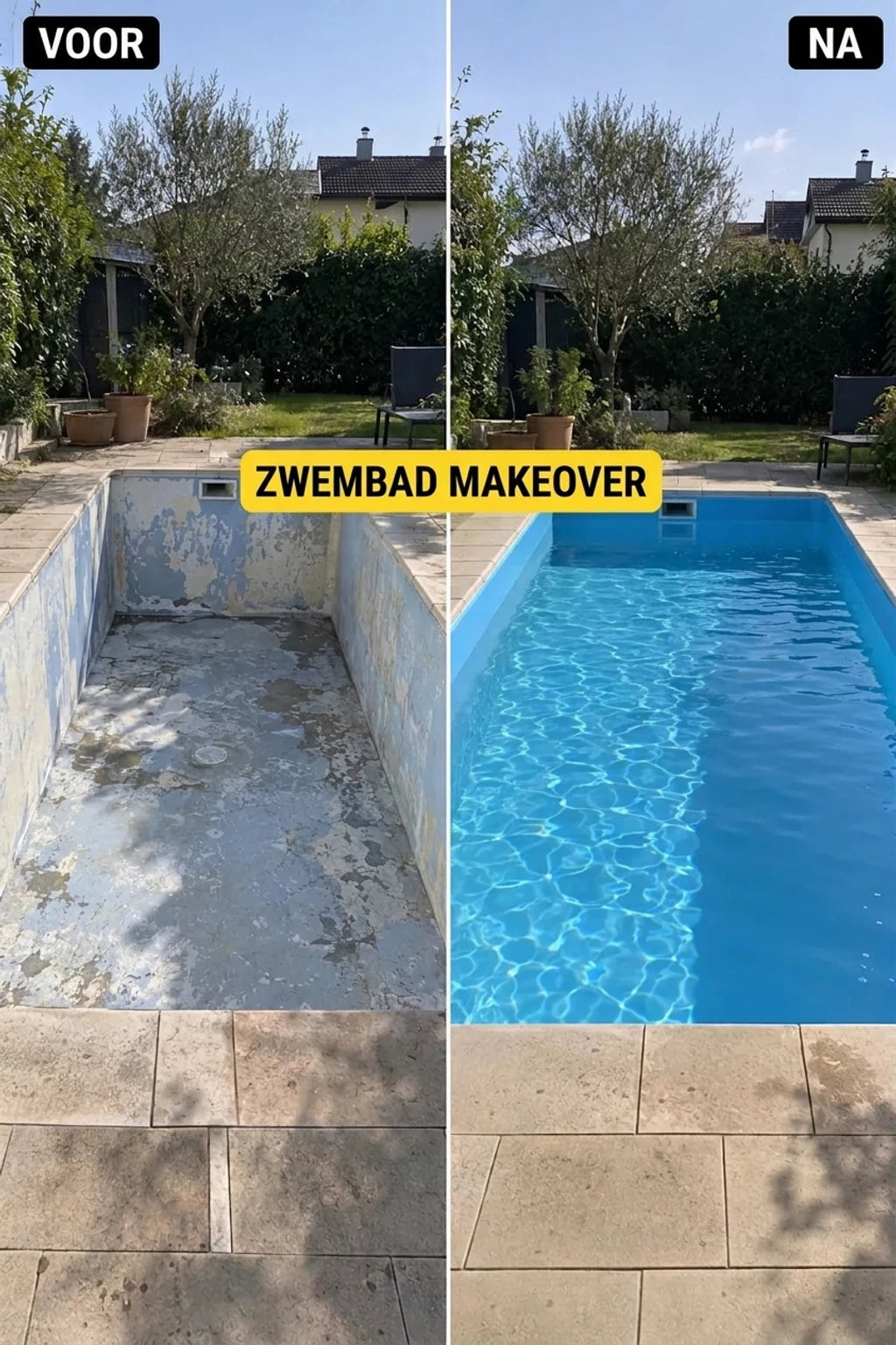 Renovatie van een zwembad: foto voor en na. Leeg, beschadigd zwembad veranderd in een schoon, vol met blauw water.