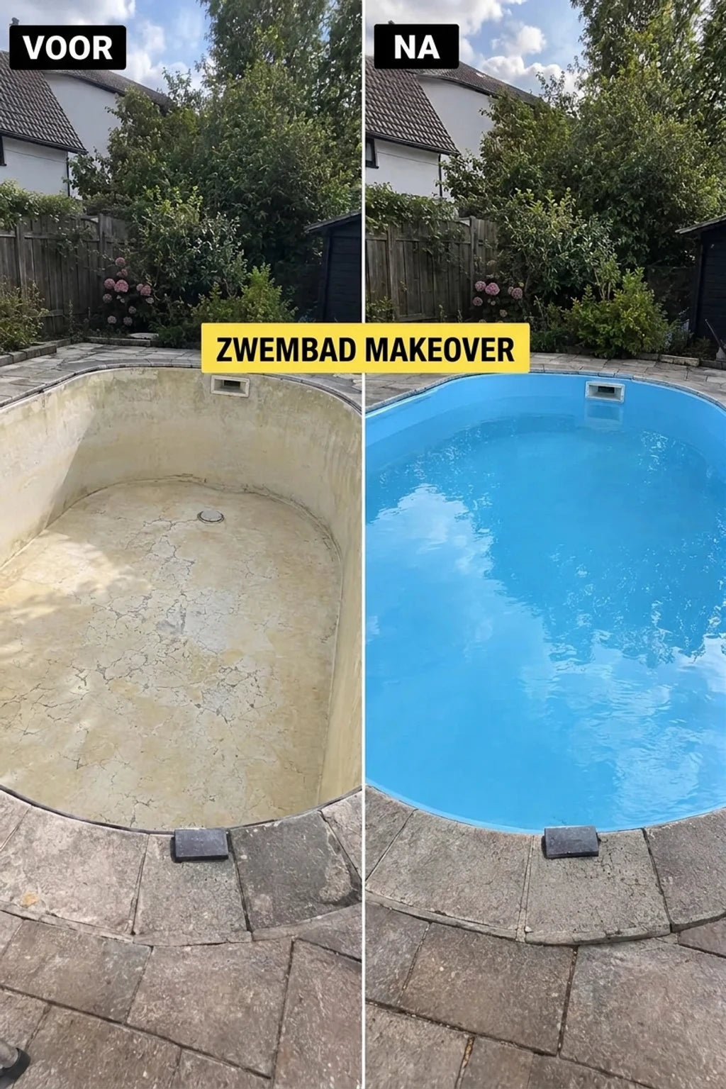 Metamorfose van een zwembad: vuil, leeg zwembad voor renovatie en schoon, gevuld met blauw water erna.