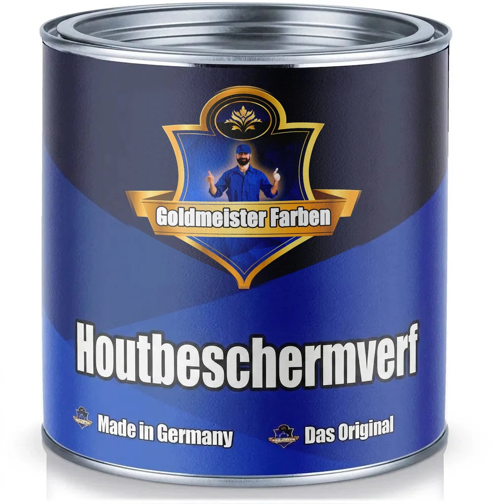 Goudmeester Verf blik met blauwe houtbeschermingsverf, van Goldmeister Farben, gemaakt in Duitsland.