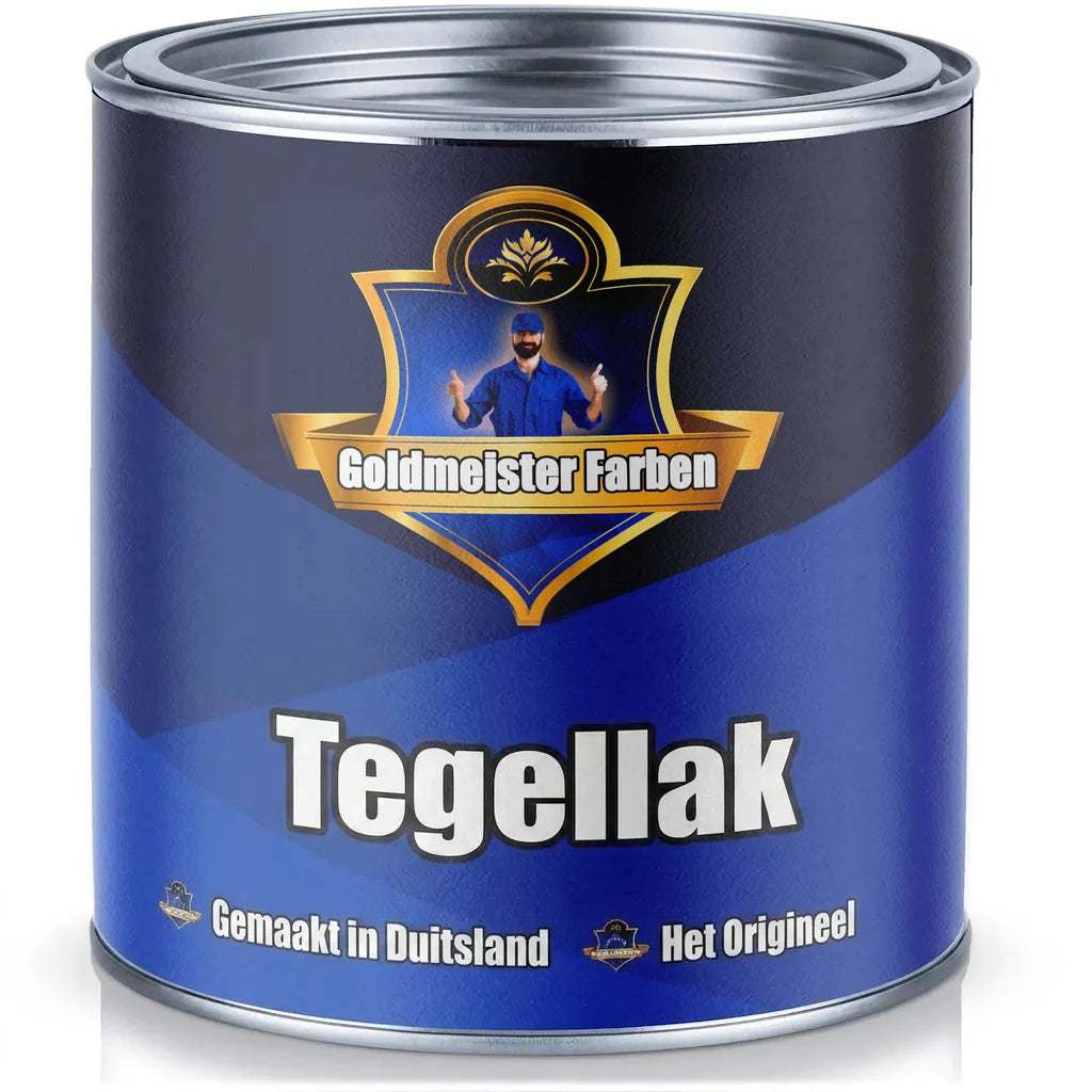 Blauwe verfbus van Goldmeister Farben met ‘Fliesenlack’ voor tegels, ‘Made in Germany’ en ‘Das Original’.