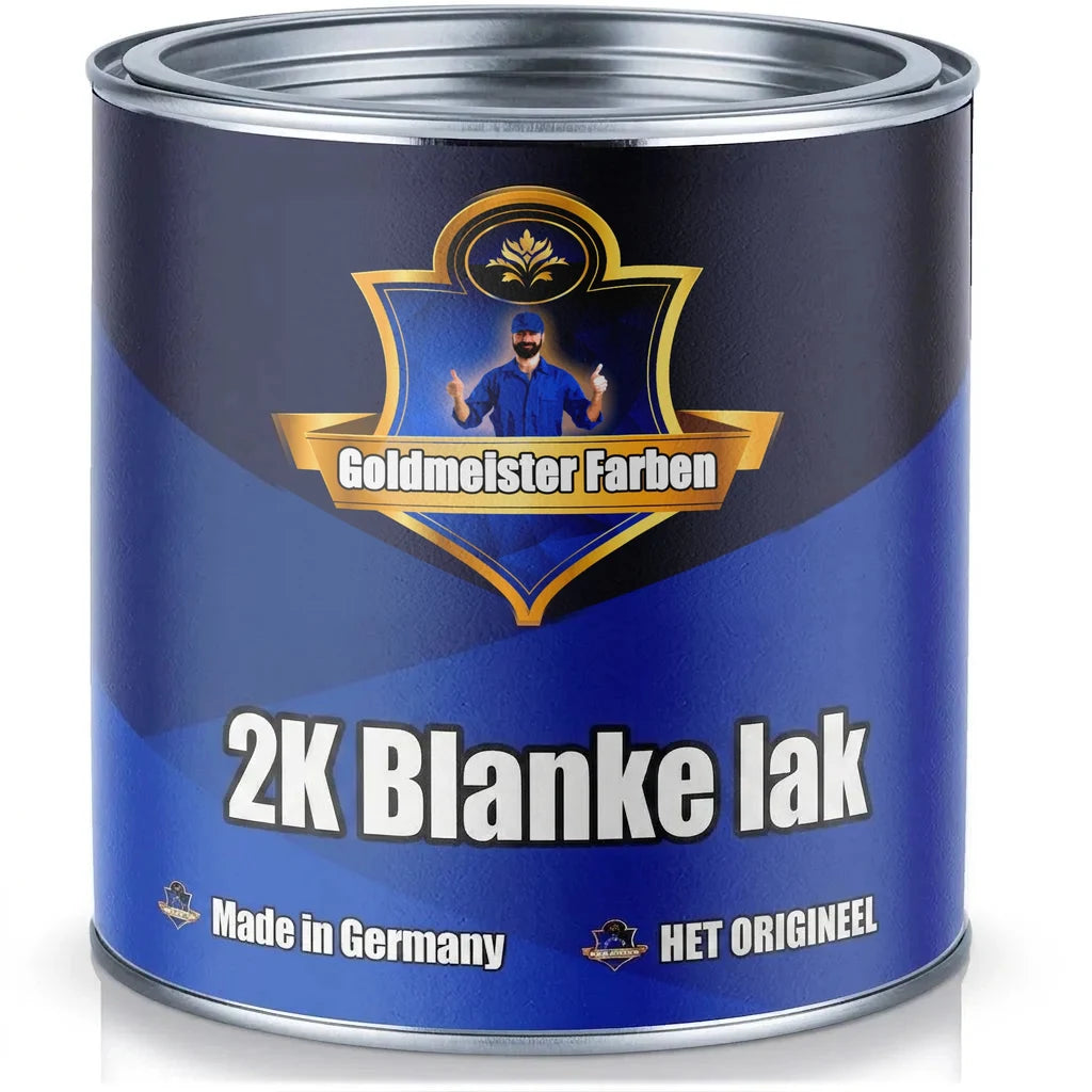 Blauw-zwart Goldmeister Farben 2K blanke lak blik met man die duimen opsteekt. Het origineel, gemaakt in Duitsland.