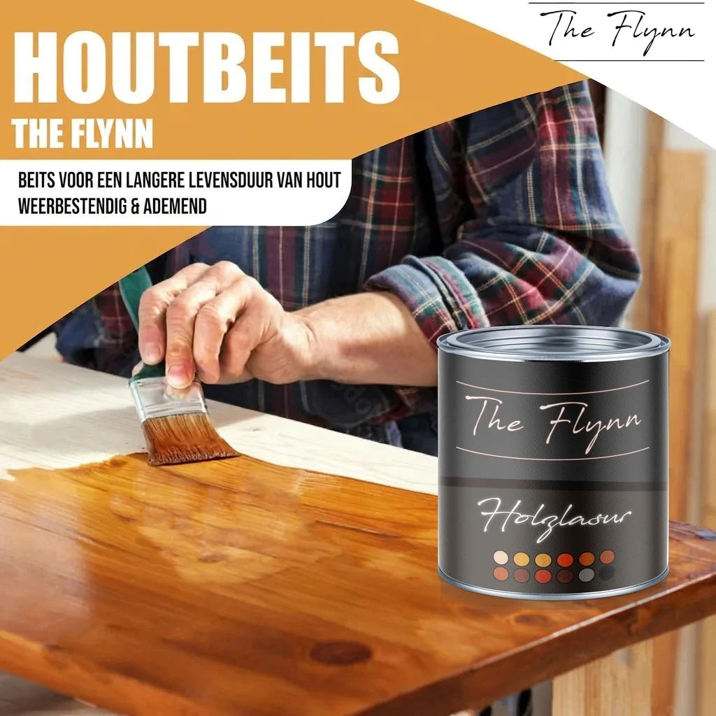 Houtbeits van The Flynn. Man beits een houten plank. Blik met "The Flynn" en "Holzglasur".