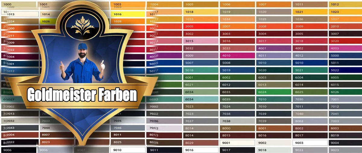 Grote Goldmeister Farben kleurenkaart met diverse RAL-codes en logo.