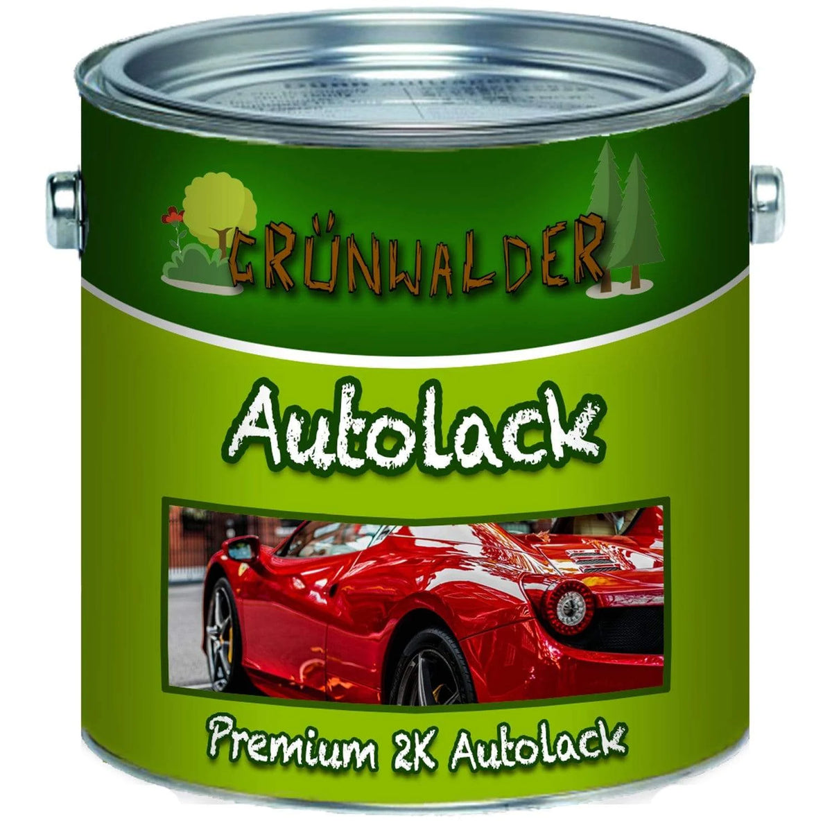 Groen Grünwalder verfblik met Premium 2K autolak en afbeelding van rode sportauto.