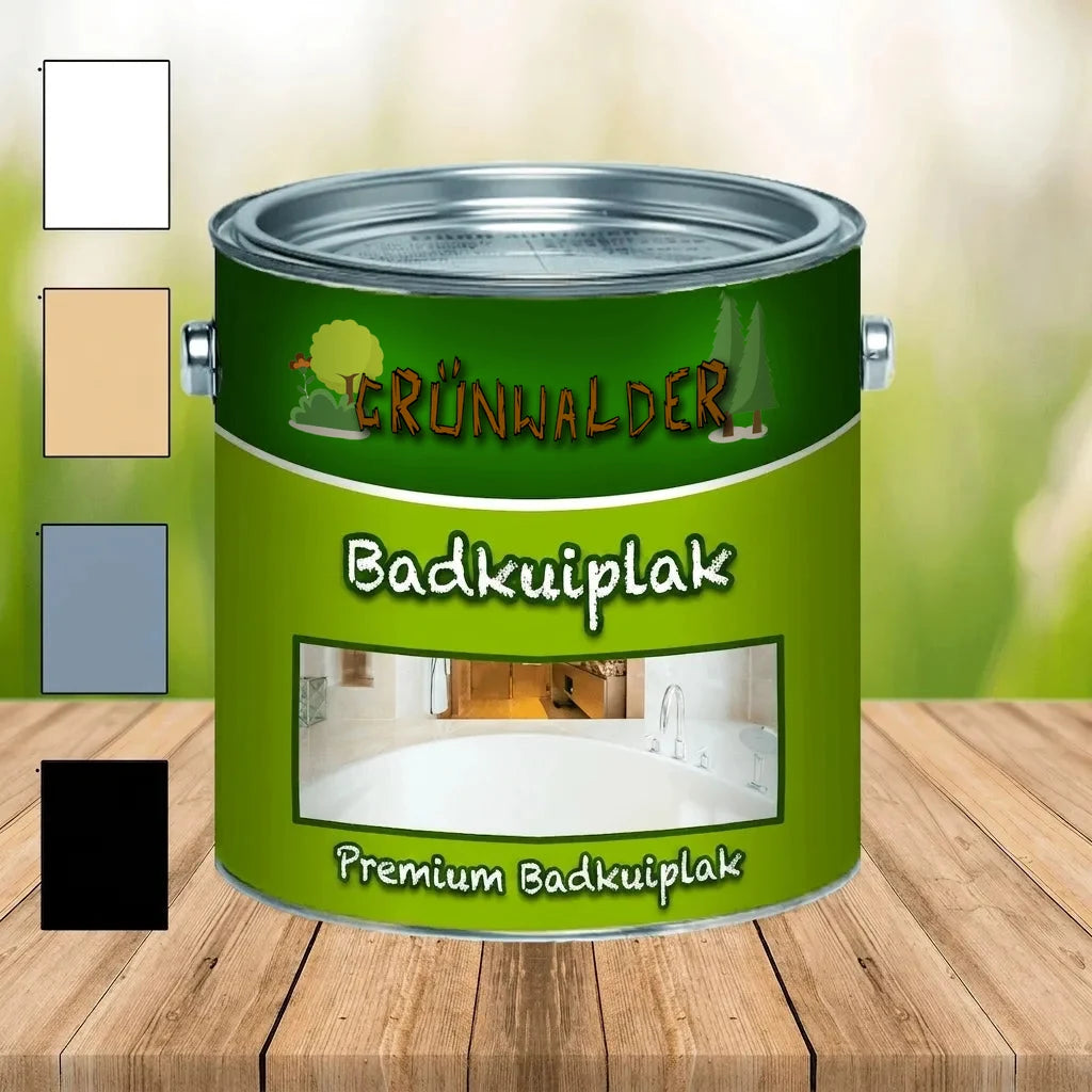 Grünwalder Premium badkuipverf blik met kleurstalen (wit, beige, blauw, zwart) en badkamerillustratie.