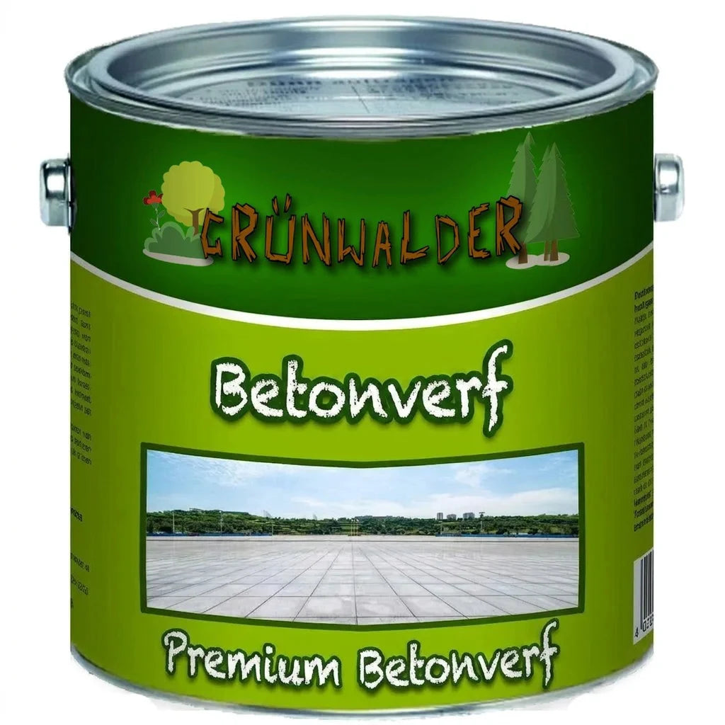 Groen Grünwalder verfblik met betonverf, 'Premium Betonfarbe' tekst en een afbeelding van een betonnen vloer.