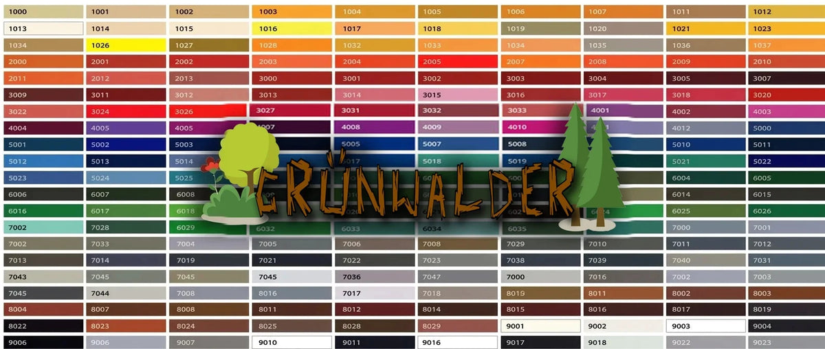 Kleurenkaart met RAL-codes, prominent woord GRÜNWALDER in houttextuur en boomillustraties.