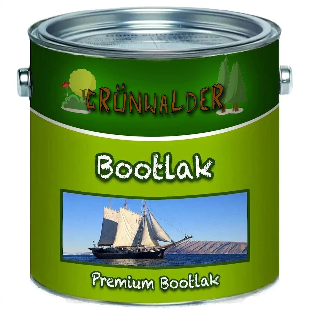 Groene Grünwalder Premium bootlak blik met afbeelding van zeilboot en tekst voor buitenhout.