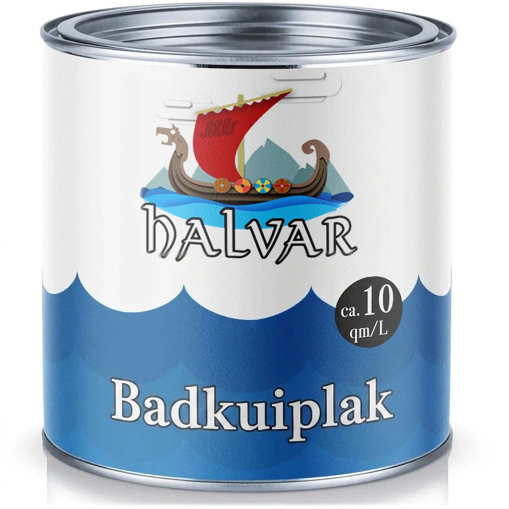 Halvar verfblik voor badkuiplak, met afbeelding van een Vikingboot en bedekkingsinformatie van ca. 10 m²/L.