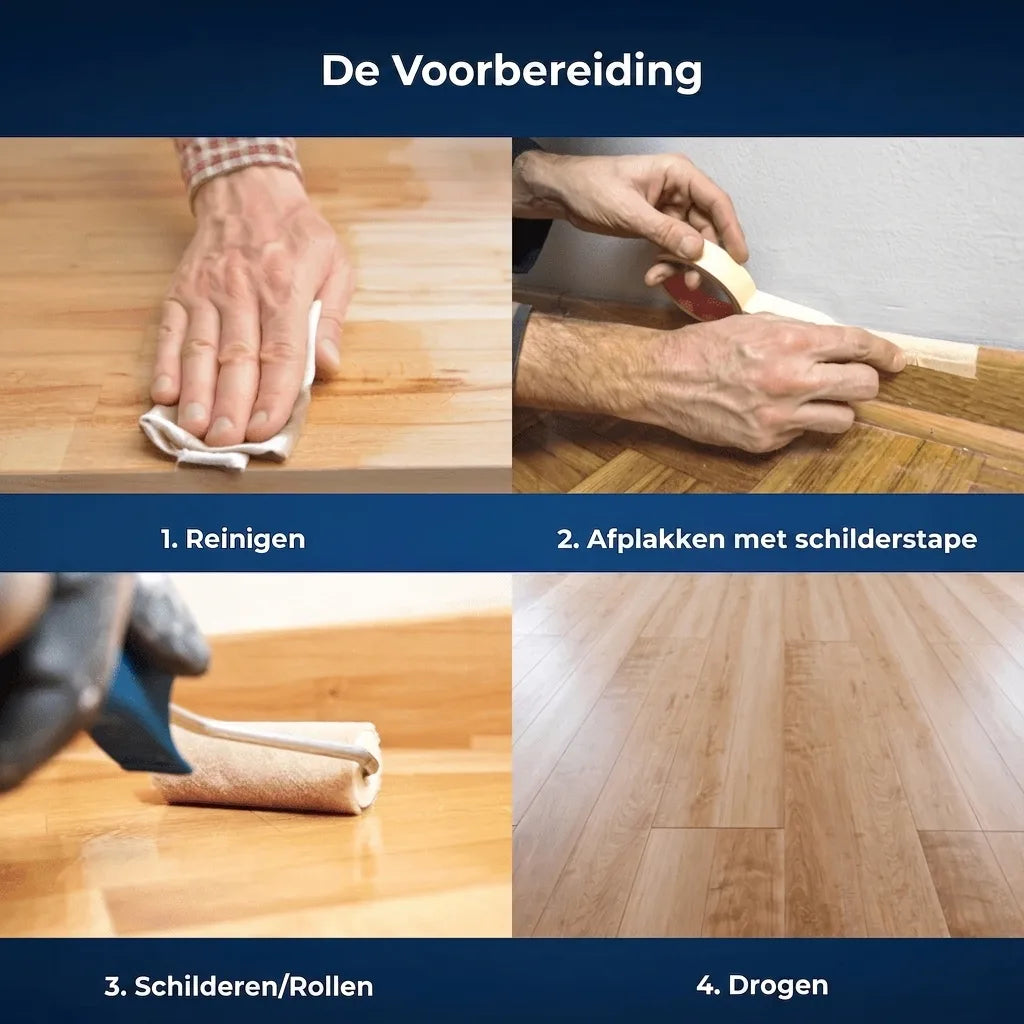 Stappenplan voor de voorbereiding en behandeling van een houten vloer: reinigen, afplakken, verven/rollen en drogen.