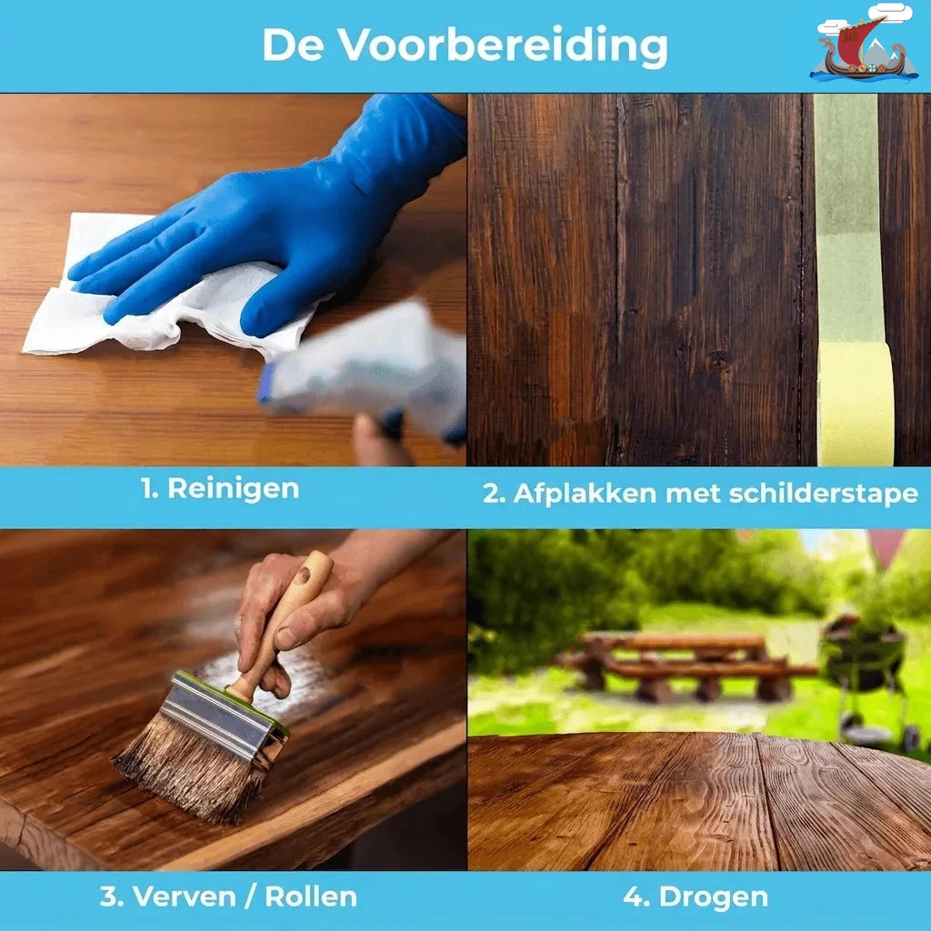 Stapsgewijze instructies voor houtbehandeling: reinigen, afplakken, verven/rollen, drogen. 'De voorbereiding'.
