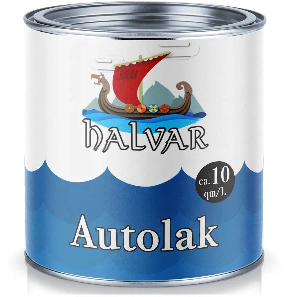 Blik HALVAR autolak met viking boot logo. Geeft ongeveer 10 m² dekking per liter.