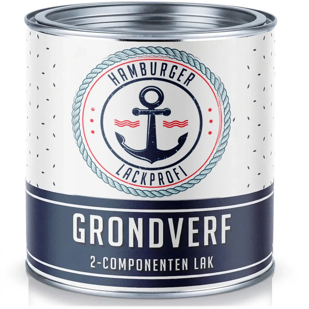 Verfblik 'Hamburger Lackprofi' grondverf, 2-componenten lak. Maritiem logo met anker en touw.