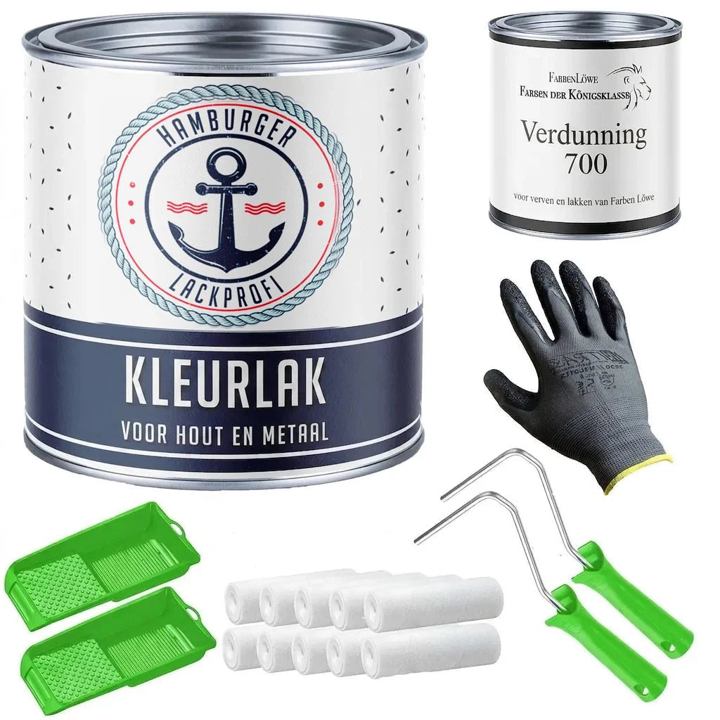 Set met kleurverf voor hout/metaal, verdunner, handschoenen, verfrollers en verfbakjes.