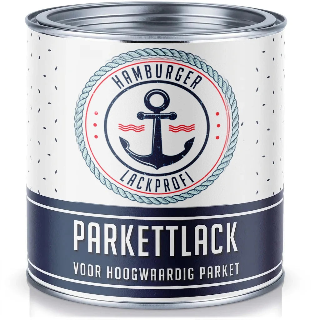 Verfblik met opschrift 'PARKETTLACK' voor hoogwaardig parket, van het merk Hamburger Lackprofi.
