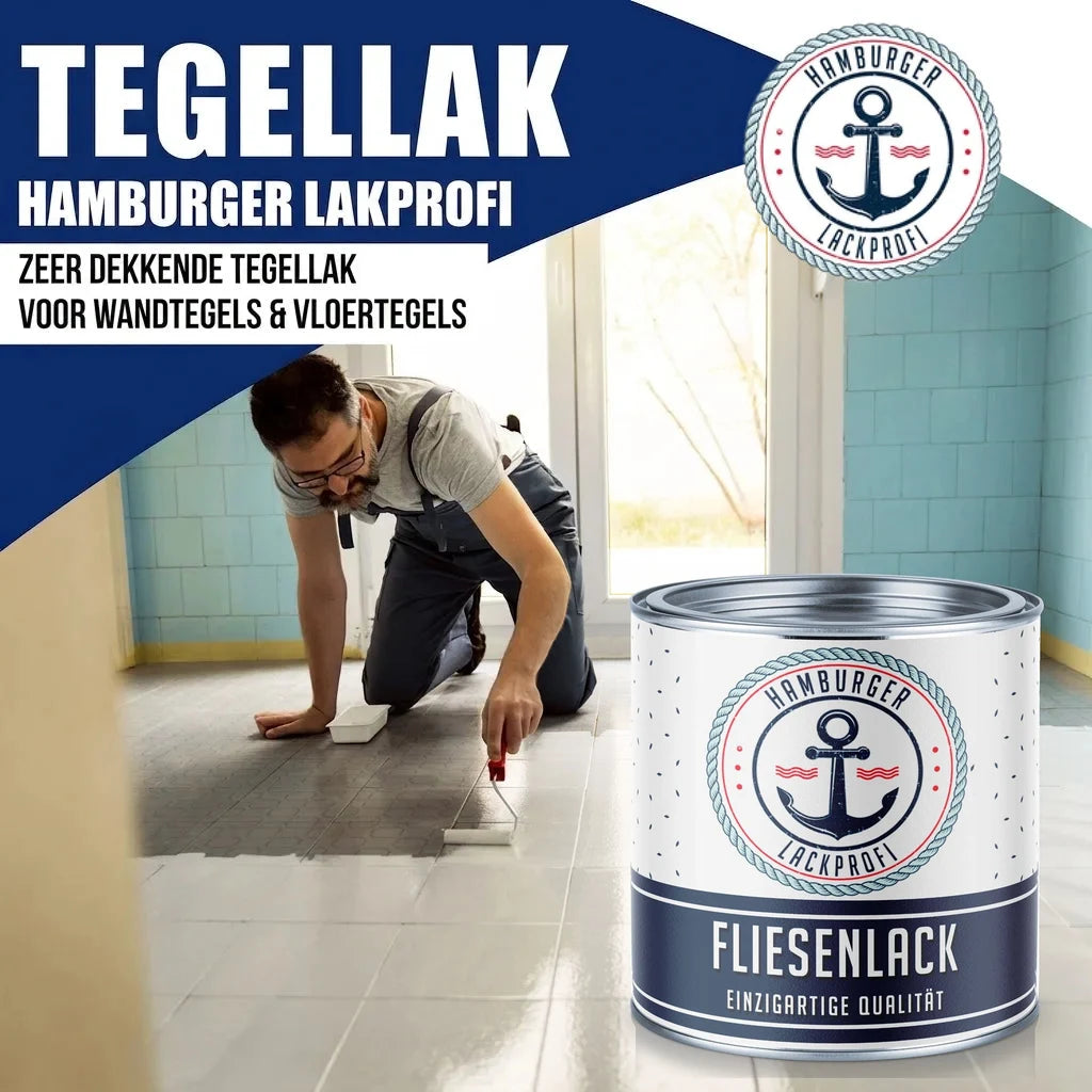 Man schildert vloertegels met "Hamburger Lackprofi" "Fliesenlack".