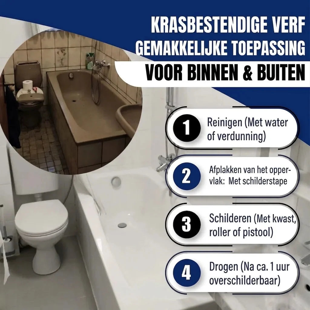 2K badkuiplak alles-in-één-set X500, badkamer voor en na met vier stappen van reinigen tot drogen