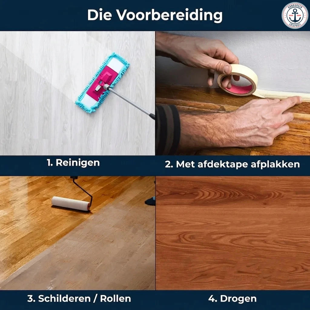 Stappenplan voor vloerbehandeling: reinigen, afplakken, lakken/rollen en drogen van een houten vloer.