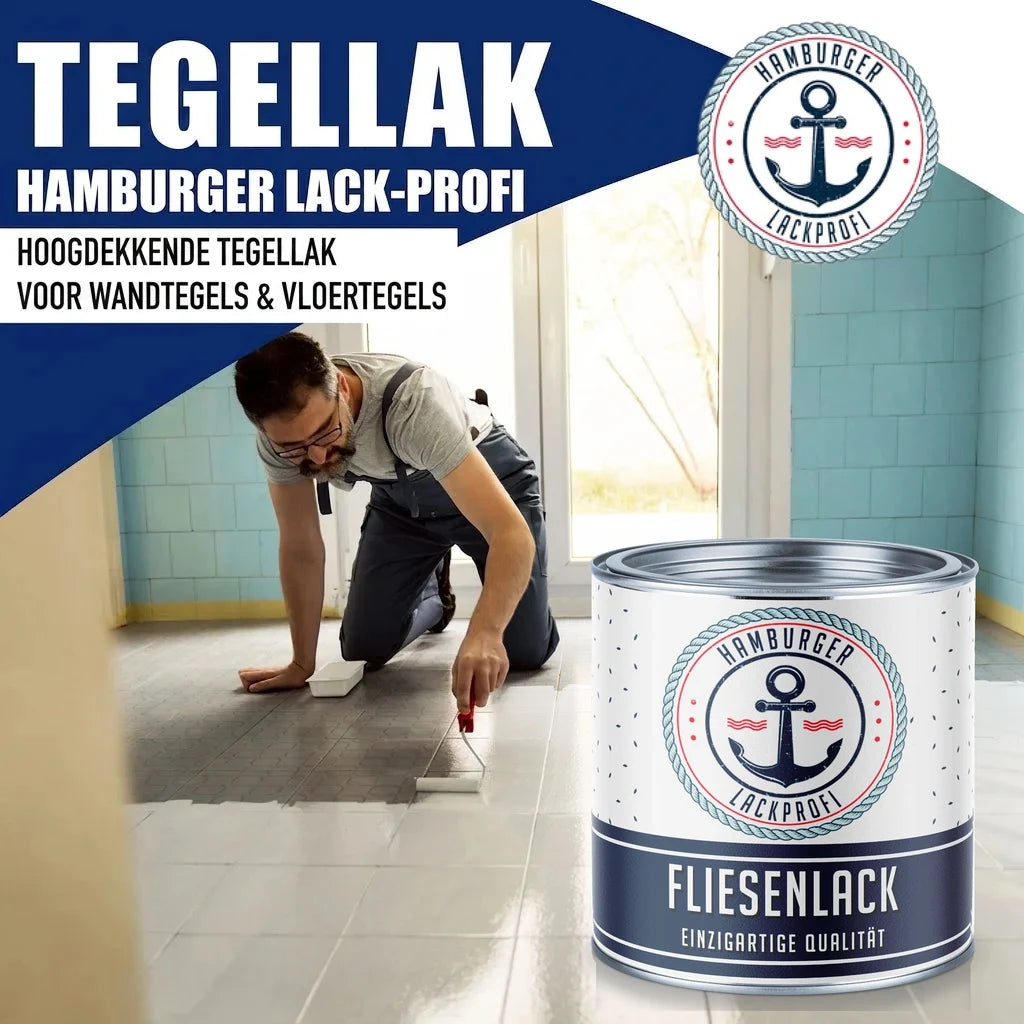 Man schildert vloertegels met "FLIESENLACK" van Hamburger Lack-Profi. Hoogdekkende tegellak voor wand- & vloertegels.