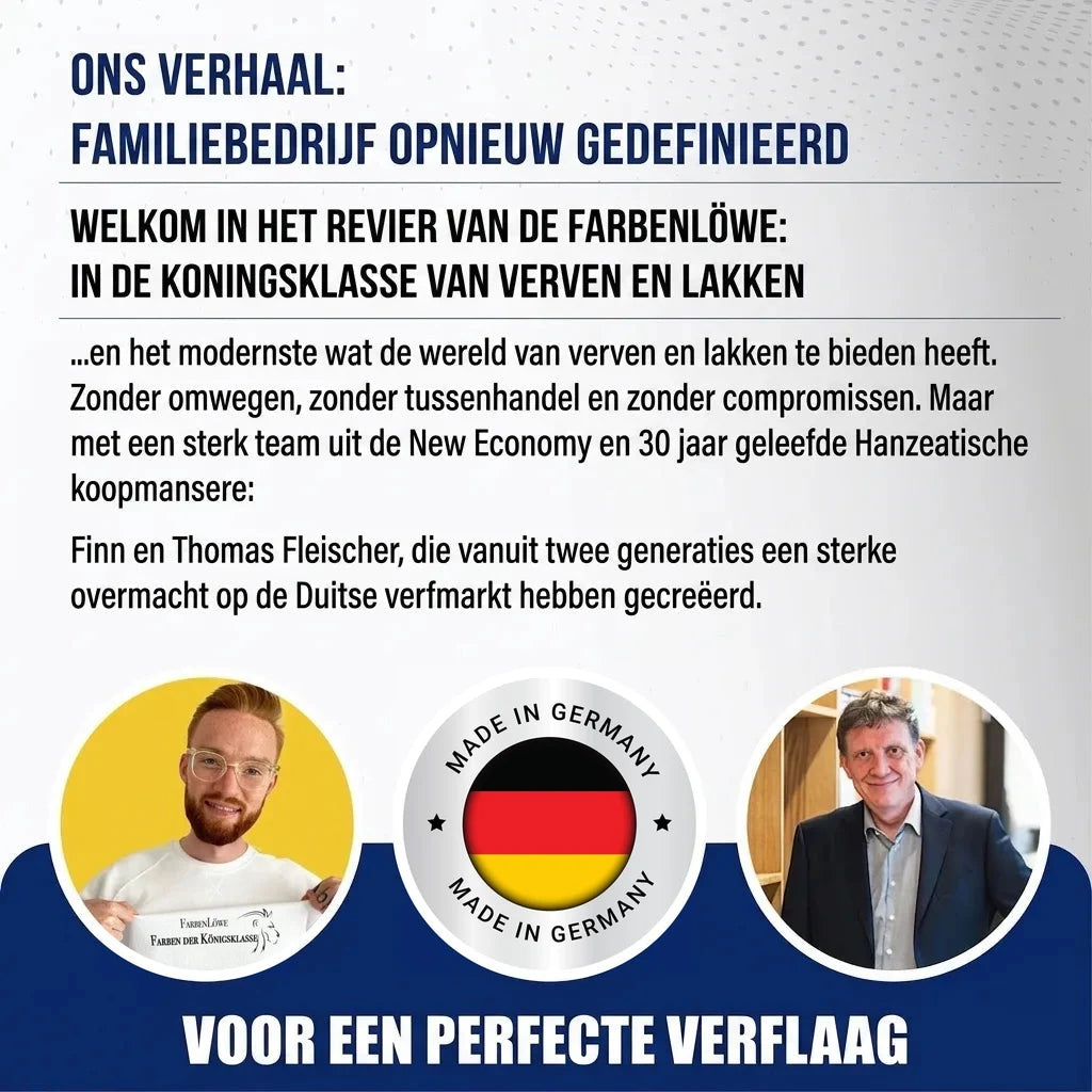 Duitse bedrijfsgeschiedenis van FarbenLöwe, verf- en lakspecialist, met oprichters Finn en Thomas Fleischer.